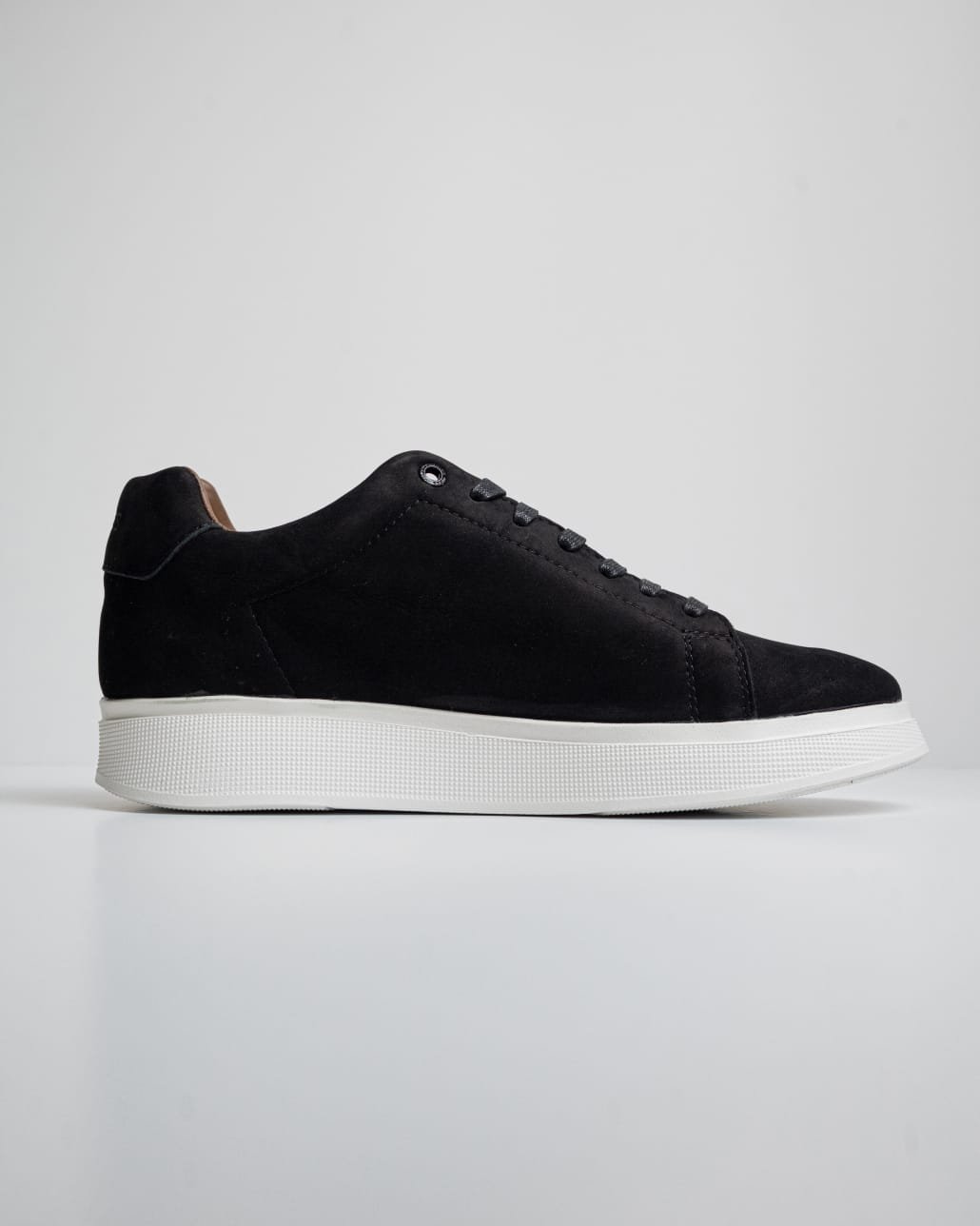 Black suede BOSS Gary trainers with a white rubber sole